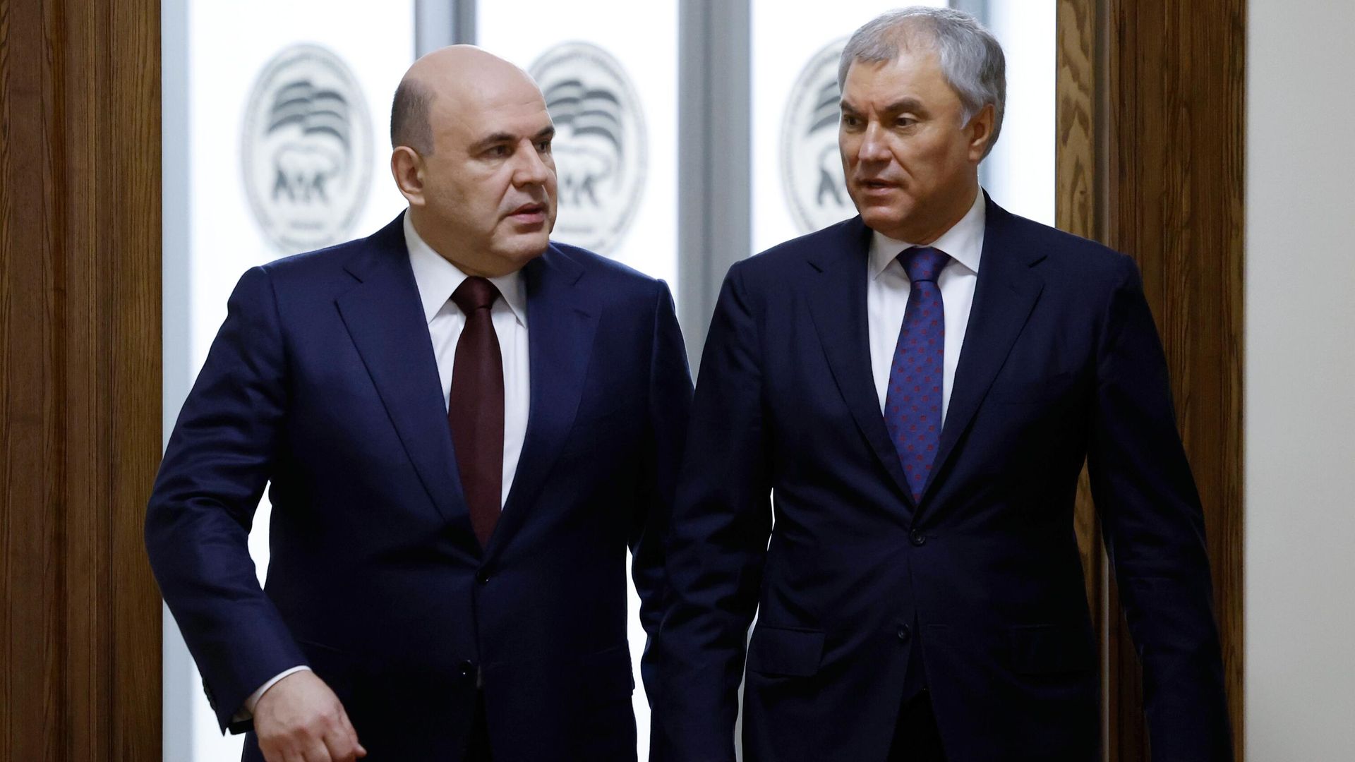 Михаил Мишустин и председатель Государственной Думы РФ Вячеслав Володин перед ежегодным выступлением в Госдуме - ПРАЙМ, 1920, 03.04.2024