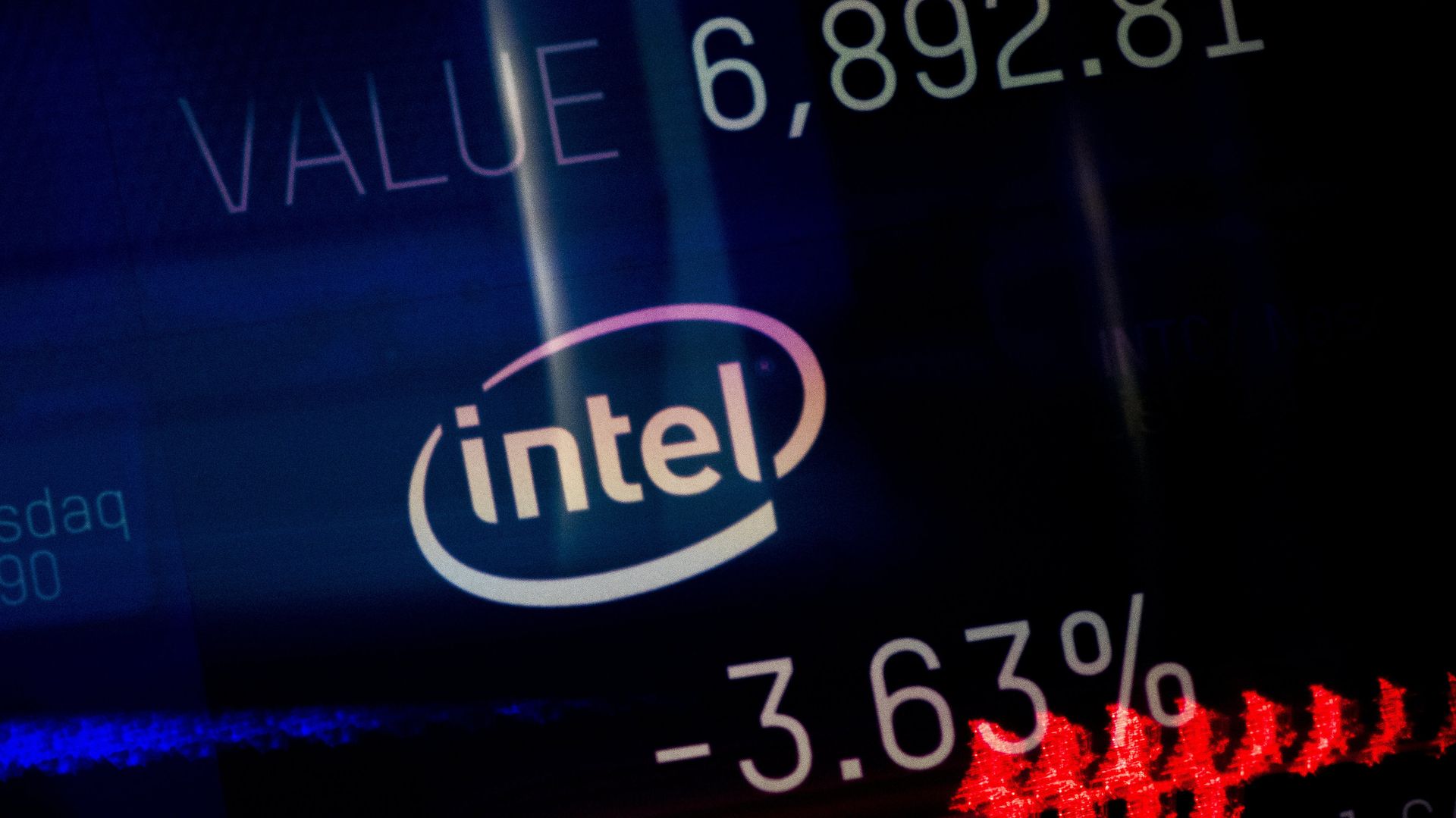 Индекс торговли компании Intel, показаный на информационной панели биржи NASDAQ - ПРАЙМ, 1920, 19.08.2025