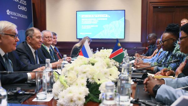 Министр иностранных дел РФ Сергей Лавров и министр международных отношений и торговли Намибии Сельма Ашипала-Мусавьи во время встречи в Каире