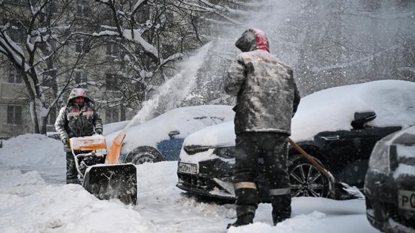 Сотрудники коммунальных служб убирают снег на улице в Москве