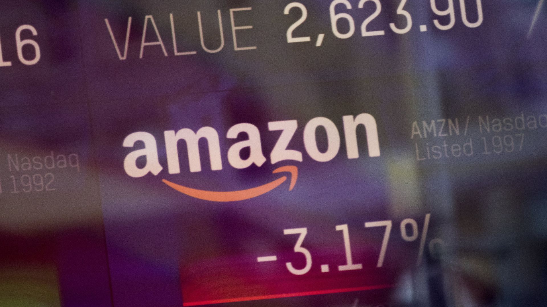 %Индекс торговли компании Amazon, показанный на информационной панели биржи NASDAQ. 9 февраля 2018 - ПРАЙМ, 1920, 07.02.2025