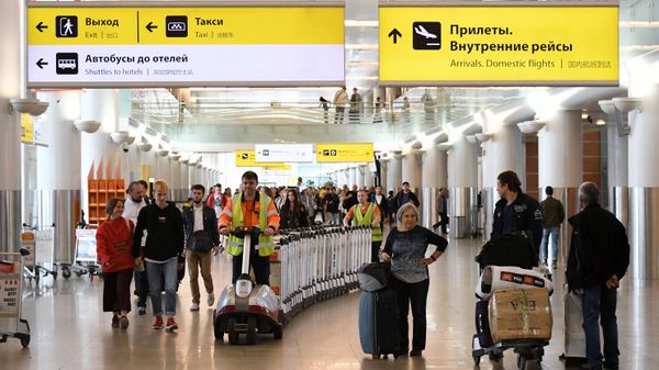 Пассажиры с чемоданами в аэропорту Шереметьево