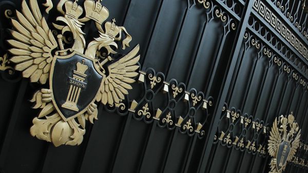 Гербы на воротах здания Генеральной прокуратуры РФ